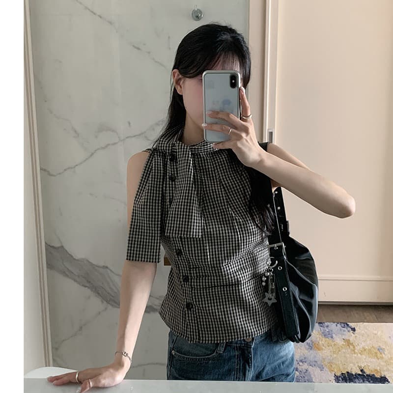 재고 있음 chic 한국 스타일 불규칙 레이스업 체크무늬 조끼 상세 이미지 4