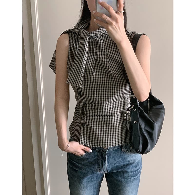 재고 있음 chic 한국 스타일 불규칙 레이스업 체크무늬 조끼 상세 이미지 5