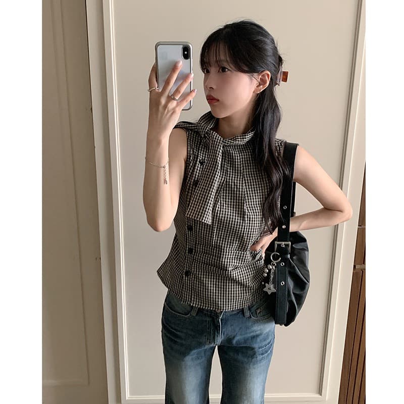 재고 있음 chic 한국 스타일 불규칙 레이스업 체크무늬 조끼 상세 이미지 6