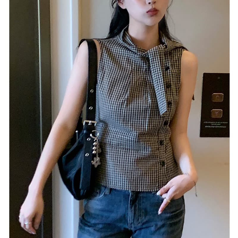 재고 있음 chic 한국 스타일 불규칙 레이스업 체크무늬 조끼 상세 이미지 7