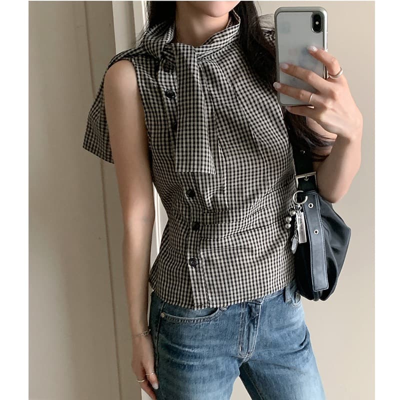 재고 있음 chic 한국 스타일 불규칙 레이스업 체크무늬 조끼 상세 이미지 8