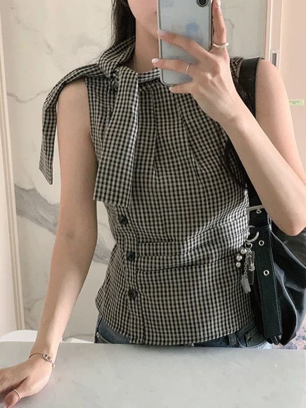 재고 있음 chic 한국 스타일 불규칙 레이스업 체크무늬 조끼 상세 이미지 9