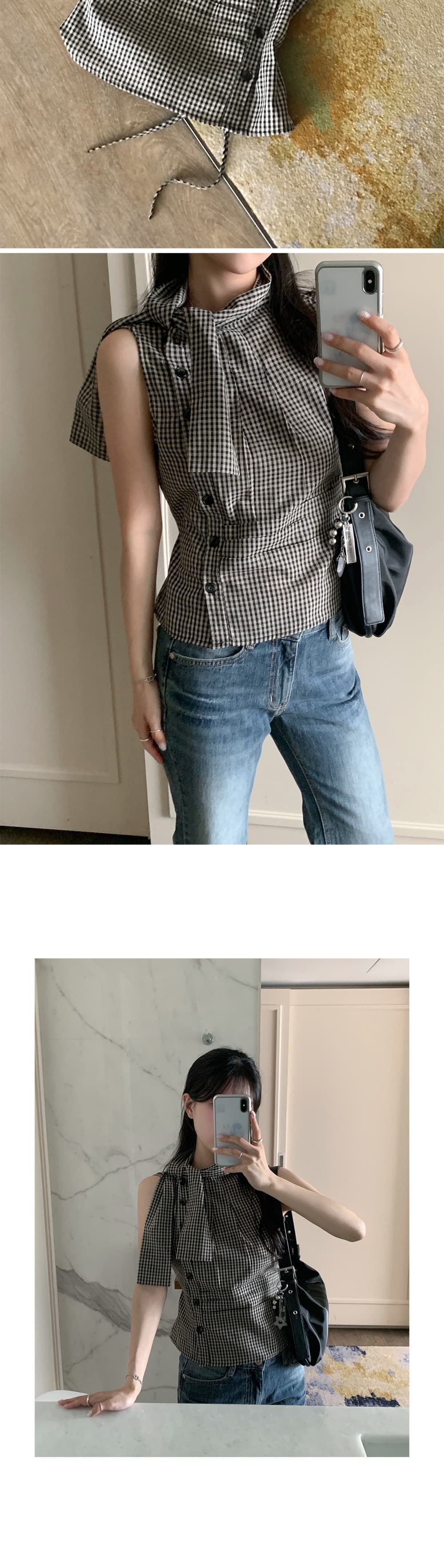 재고 있음 chic 한국 스타일 불규칙 레이스업 체크무늬 조끼 상세 이미지 10
