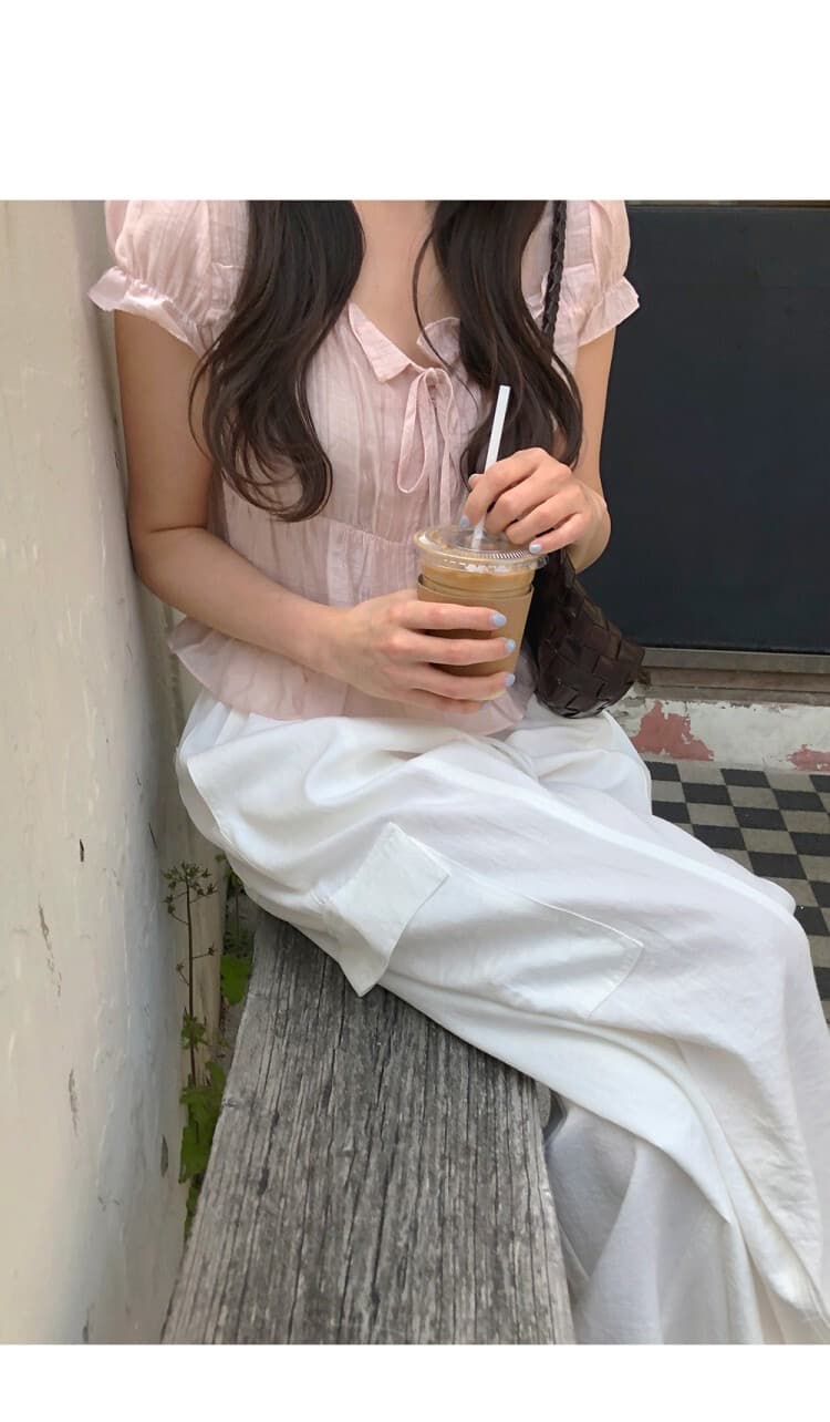 재고 있음 chic 한 부서 여름 프랑스식 달콤함 연령 감소 부드러운 프릴 주름 장식 허리 수축 반팔 쉬폰 셔츠 이미지 4