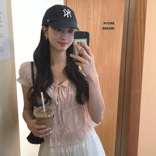 재고 있음 chic 한 부서 여름 프랑스식 달콤함 연령 감소 부드러운 프릴 주름 장식 허리 수축 반팔 쉬폰 셔츠 상세 이미지 1