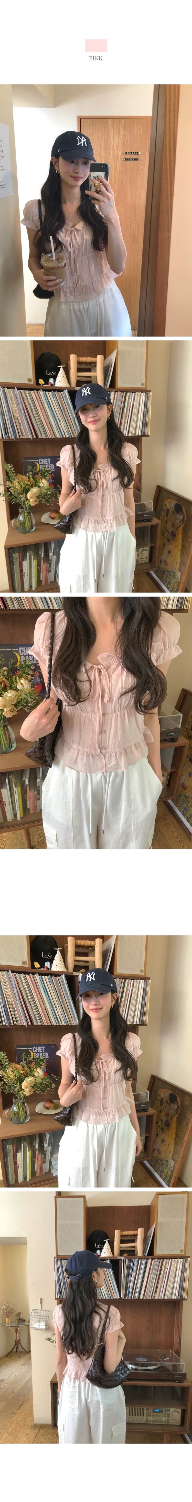 재고 있음 chic 한 부서 여름 프랑스식 달콤함 연령 감소 부드러운 프릴 주름 장식 허리 수축 반팔 쉬폰 셔츠 상세 이미지 7