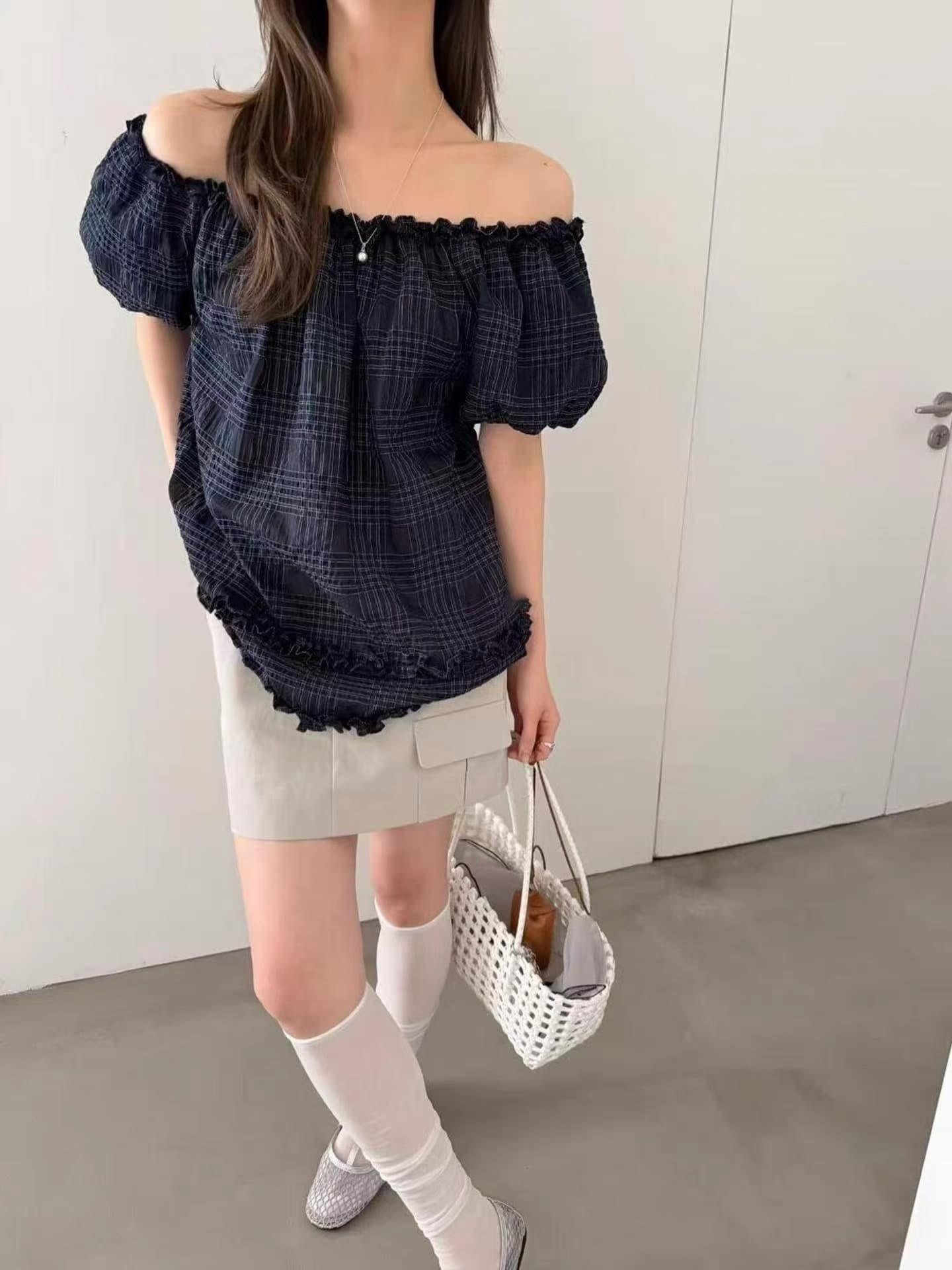 재고 있음 동대문 여름 새로운 달콤함 보트넥 체크무늬 아마 루즈핏 둘 착용 셔츠 이미지 3