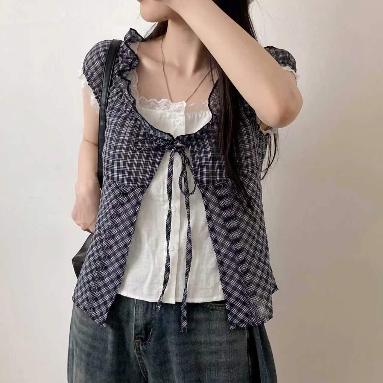 재고 있음 chic 한 부서 단색 행침 목 슬립 코디 펌프 Pleat 체크무늬 셔츠 오픈 가디건 이미지 4