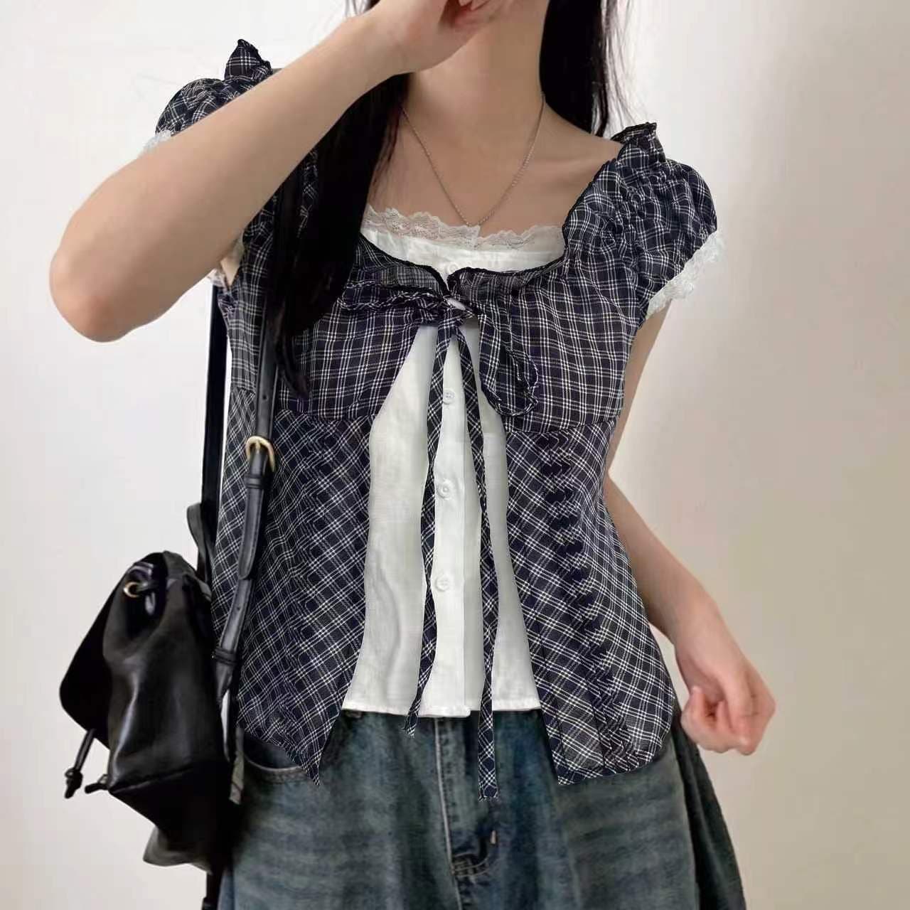 재고 있음 chic 한 부서 단색 행침 목 슬립 코디 펌프 Pleat 체크무늬 셔츠 오픈 가디건 이미지 2