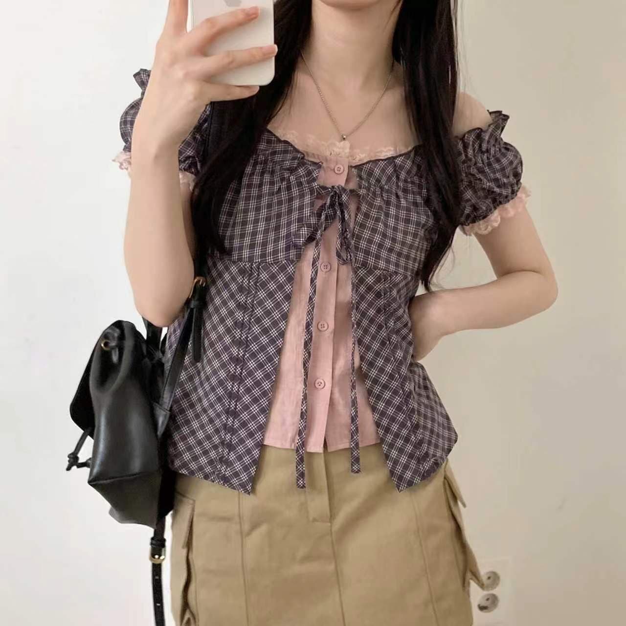 재고 있음 chic 한 부서 단색 행침 목 슬립 코디 펌프 Pleat 체크무늬 셔츠 오픈 가디건