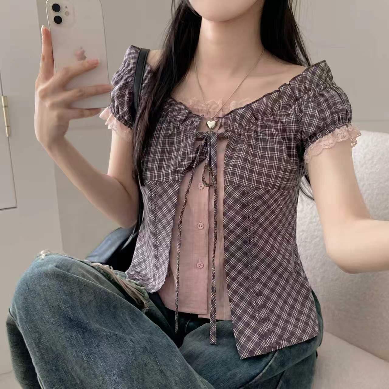재고 있음 chic 한 부서 단색 행침 목 슬립 코디 펌프 Pleat 체크무늬 셔츠 오픈 가디건 이미지 3