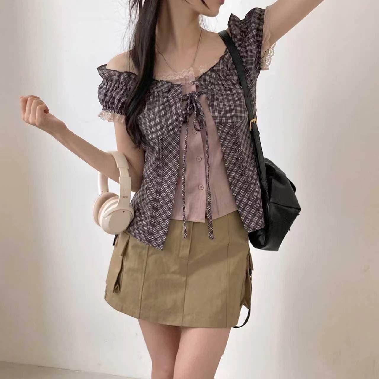 재고 있음 chic 한 부서 단색 행침 목 슬립 코디 펌프 Pleat 체크무늬 셔츠 오픈 가디건 상세 이미지 2