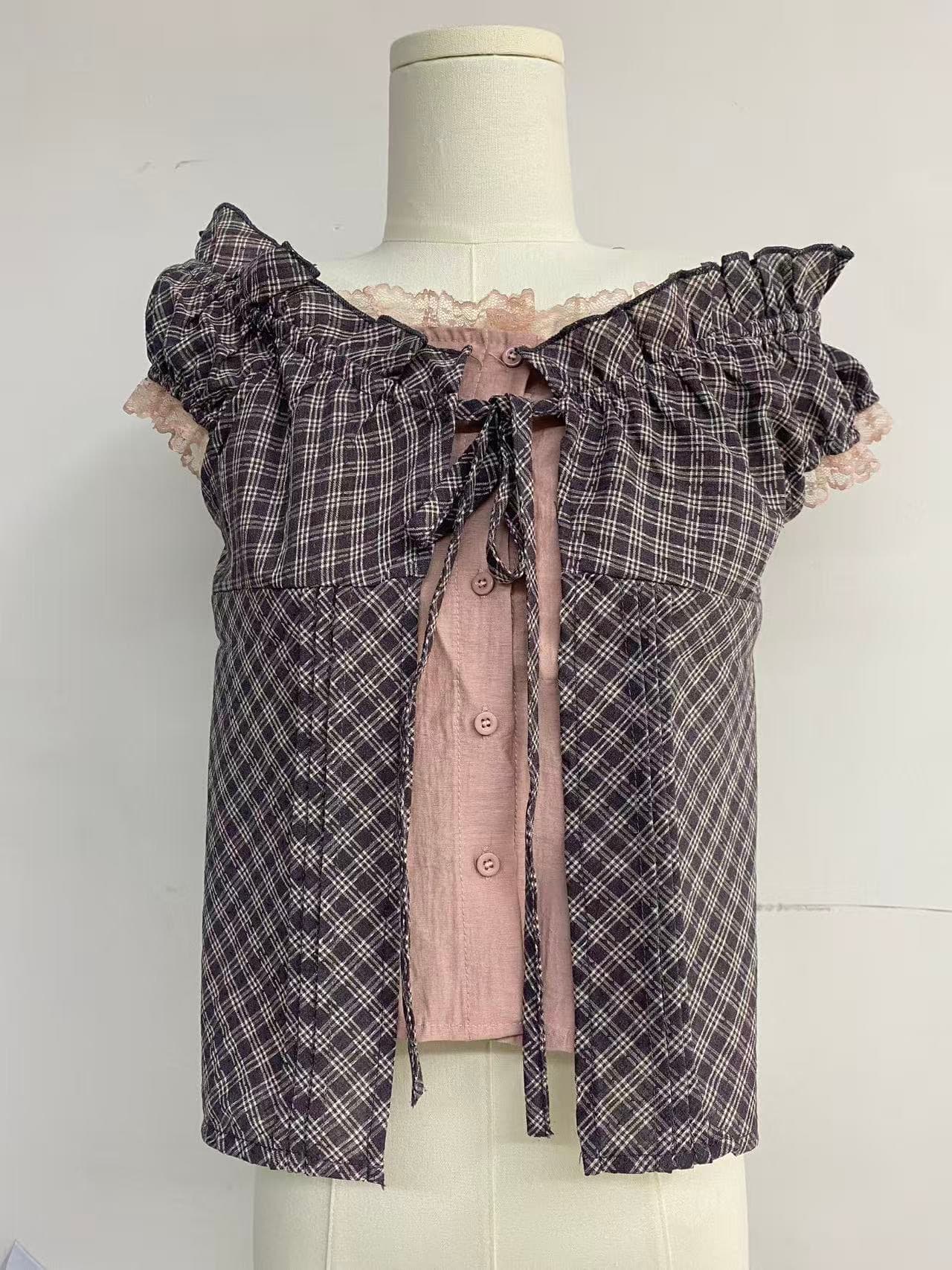 재고 있음 chic 한 부서 단색 행침 목 슬립 코디 펌프 Pleat 체크무늬 셔츠 오픈 가디건 상세 이미지 6