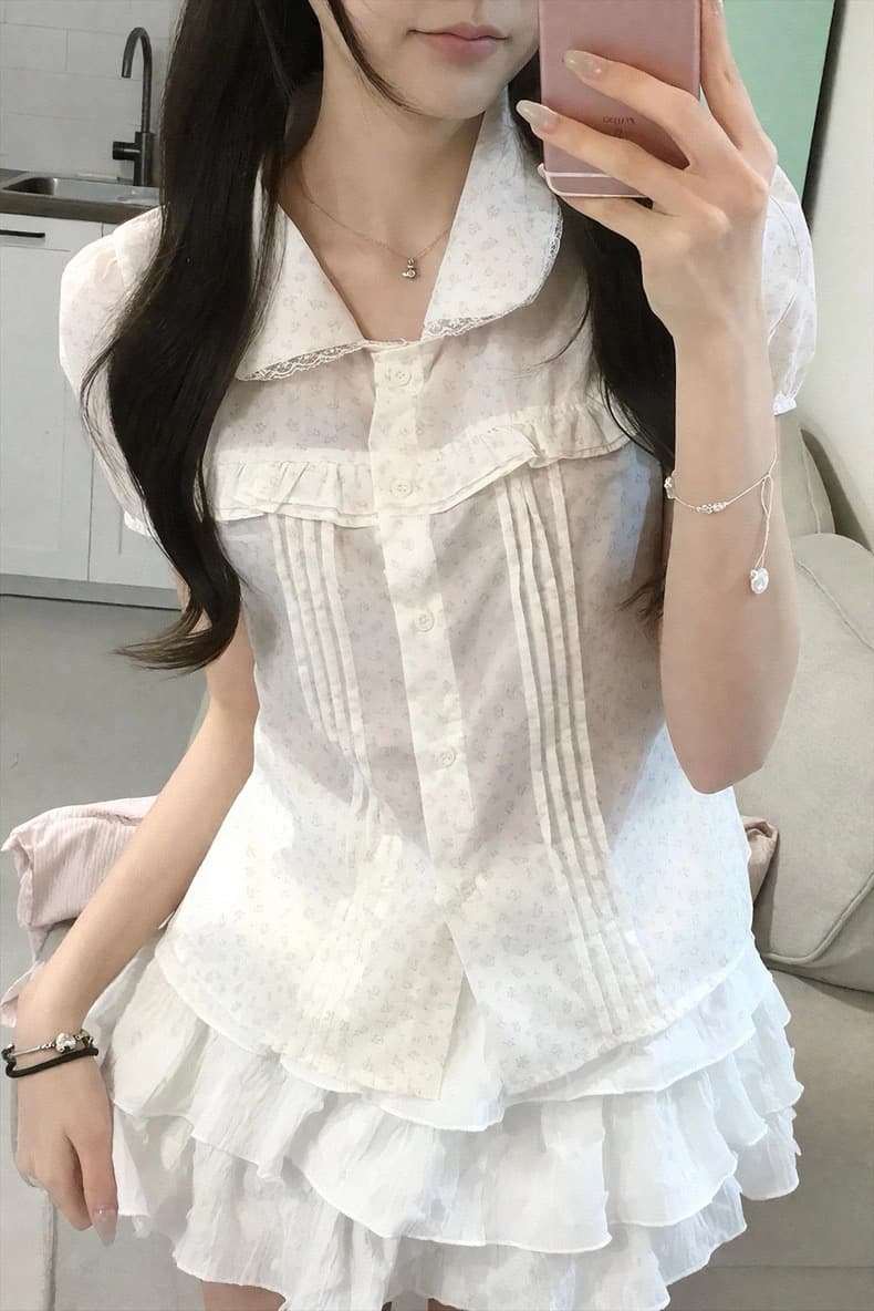 재고 있음 한 여성 꽃무늬 도트 무늬 레이스 소녀 여름 다용도 슬림해 보이는 프릴 반팔 셔츠 상세 이미지 1
