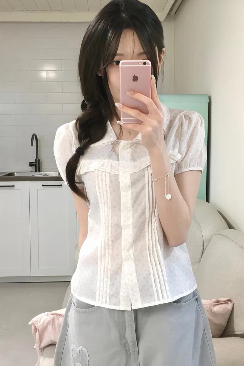 재고 있음 한 여성 꽃무늬 도트 무늬 레이스 소녀 여름 다용도 슬림해 보이는 프릴 반팔 셔츠 상세 이미지 2