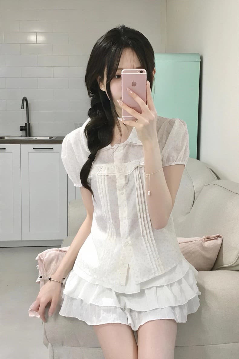 재고 있음 한 여성 꽃무늬 도트 무늬 레이스 소녀 여름 다용도 슬림해 보이는 프릴 반팔 셔츠 상세 이미지 3
