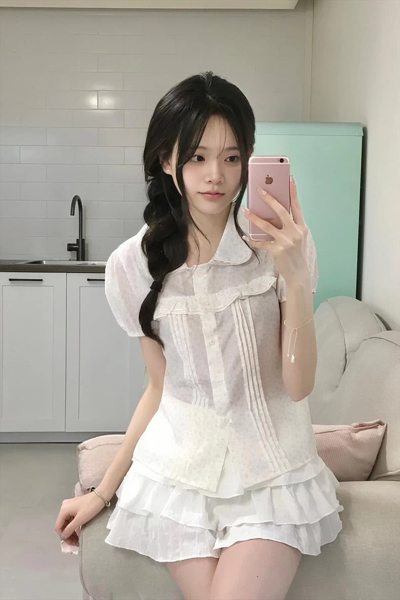 재고 있음 한 여성 꽃무늬 도트 무늬 레이스 소녀 여름 다용도 슬림해 보이는 프릴 반팔 셔츠 상세 이미지 5