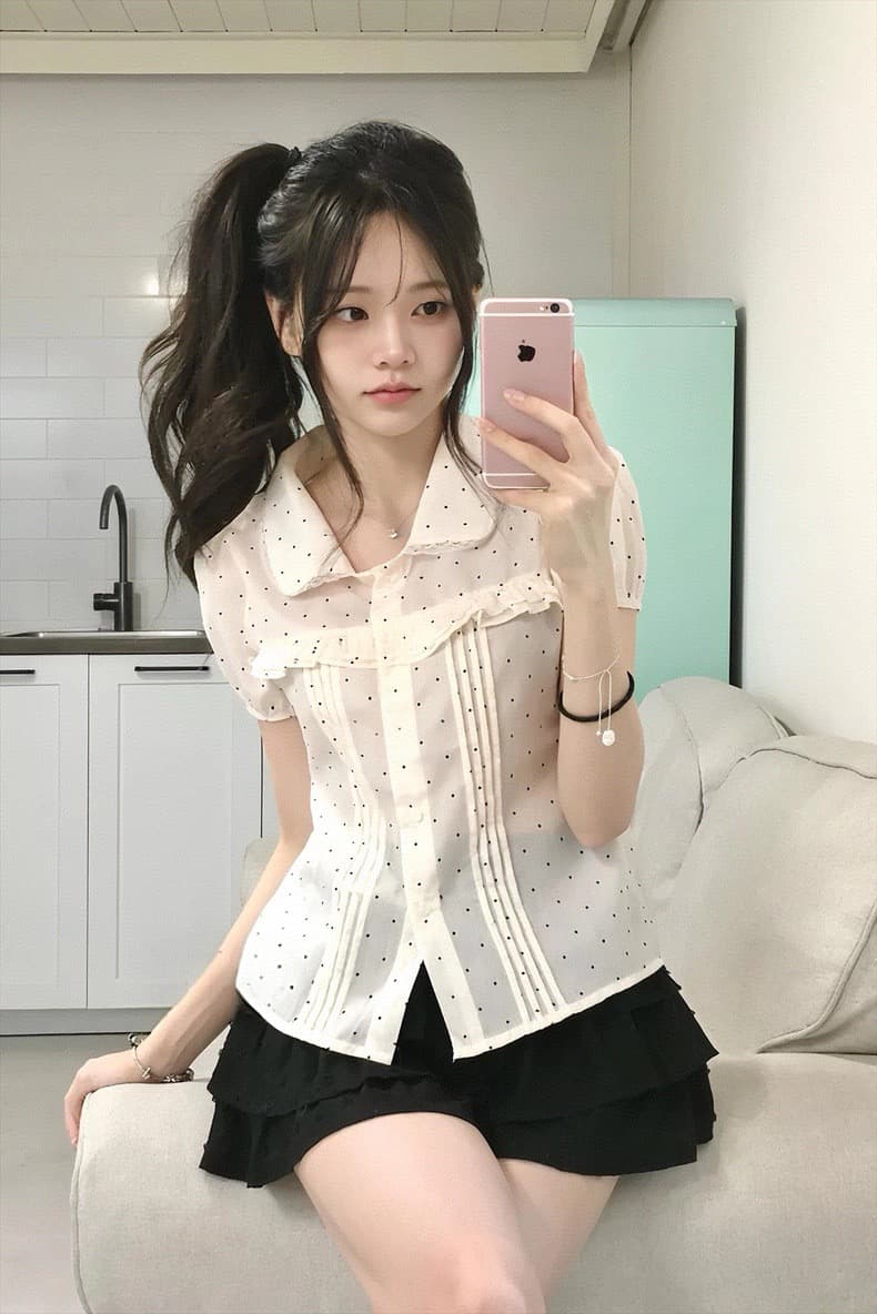 재고 있음 한 여성 꽃무늬 도트 무늬 레이스 소녀 여름 다용도 슬림해 보이는 프릴 반팔 셔츠 상세 이미지 6