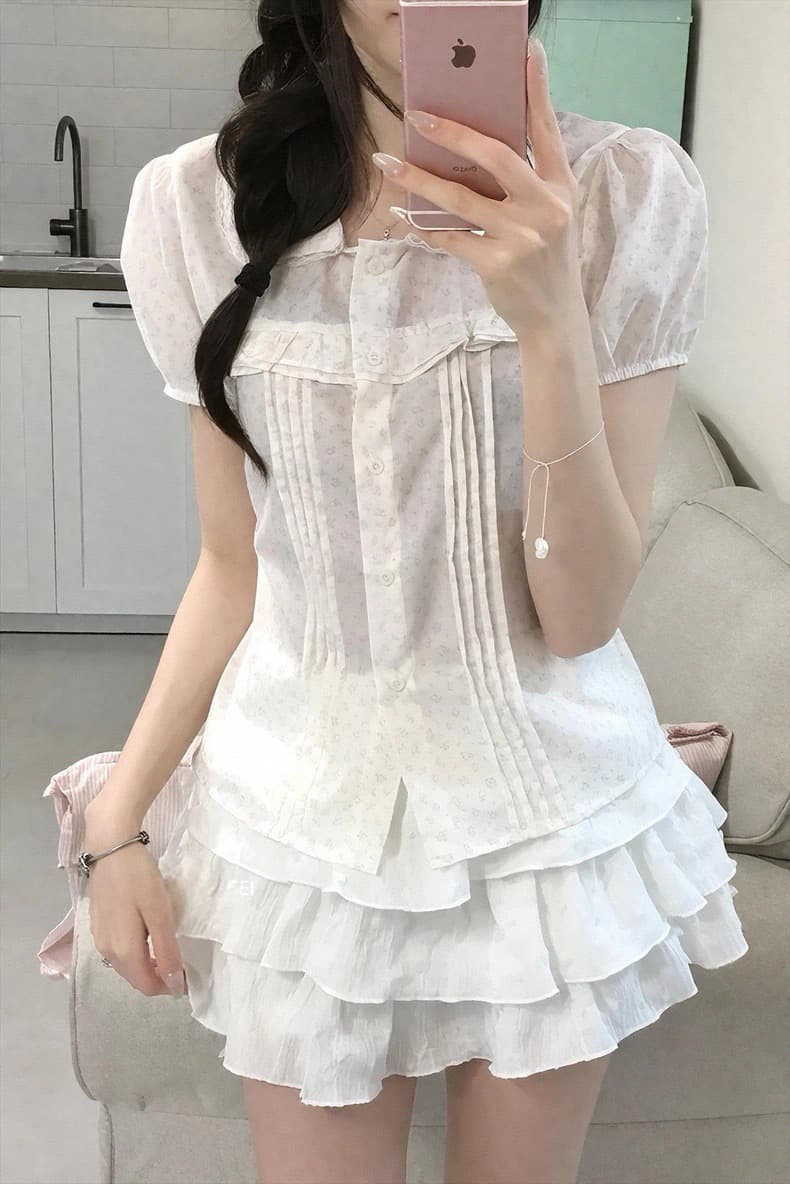 재고 있음 한 여성 꽃무늬 도트 무늬 레이스 소녀 여름 다용도 슬림해 보이는 프릴 반팔 셔츠 상세 이미지 7