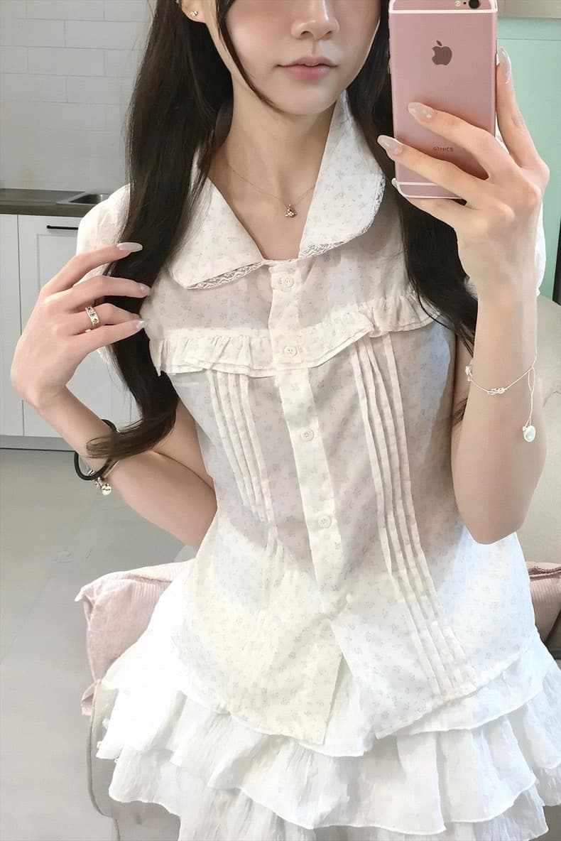 재고 있음 한 여성 꽃무늬 도트 무늬 레이스 소녀 여름 다용도 슬림해 보이는 프릴 반팔 셔츠 상세 이미지 8