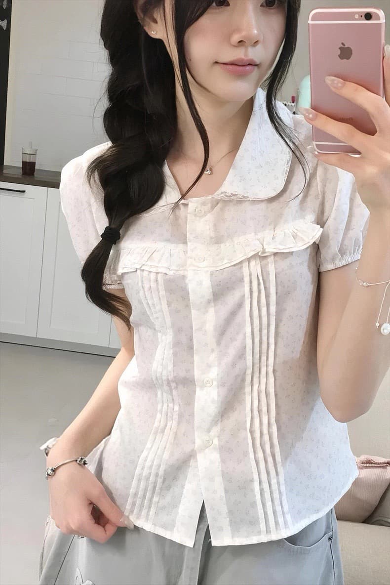 재고 있음 한 여성 꽃무늬 도트 무늬 레이스 소녀 여름 다용도 슬림해 보이는 프릴 반팔 셔츠 상세 이미지 9