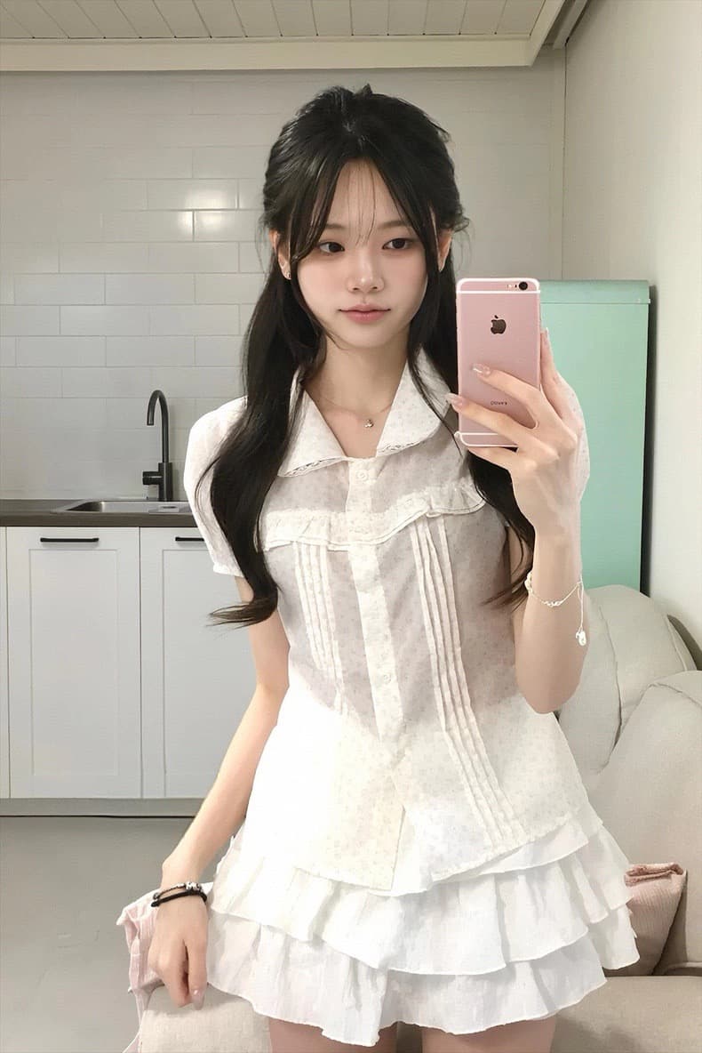 재고 있음 한 여성 꽃무늬 도트 무늬 레이스 소녀 여름 다용도 슬림해 보이는 프릴 반팔 셔츠 상세 이미지 10