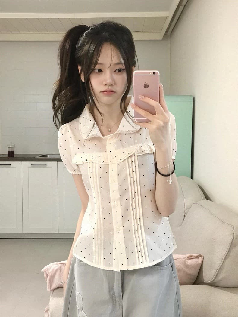 재고 있음 한 여성 꽃무늬 도트 무늬 레이스 소녀 여름 다용도 슬림해 보이는 프릴 반팔 셔츠 상세 이미지 11