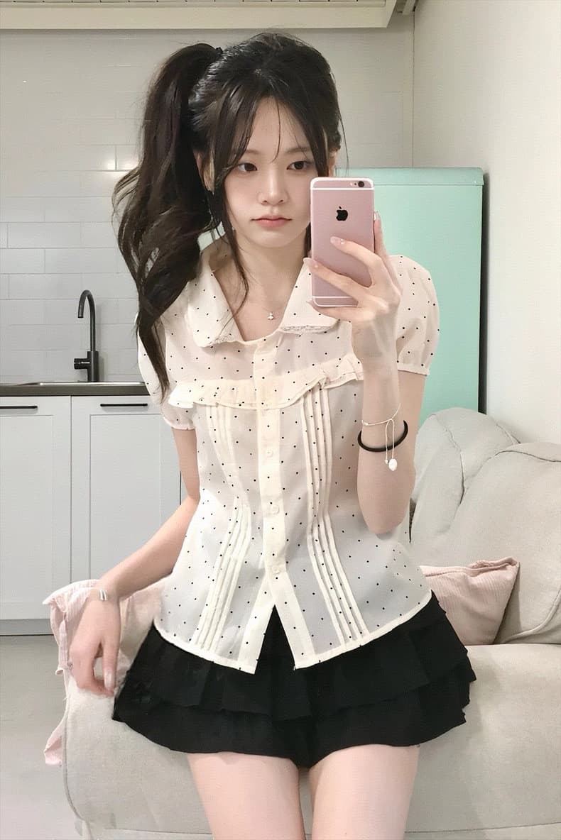 재고 있음 한 여성 꽃무늬 도트 무늬 레이스 소녀 여름 다용도 슬림해 보이는 프릴 반팔 셔츠 상세 이미지 13
