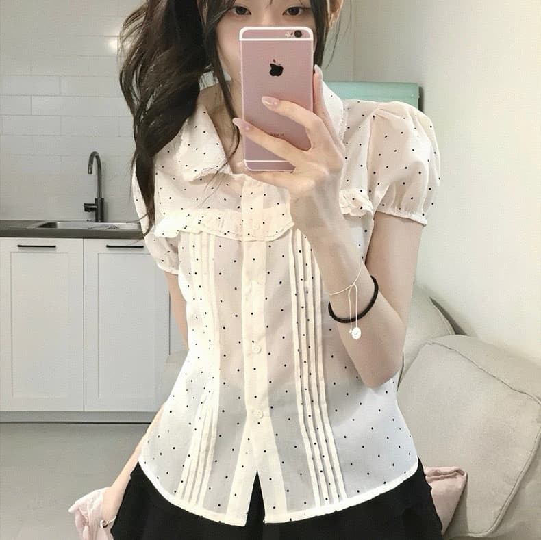 재고 있음 한 여성 꽃무늬 도트 무늬 레이스 소녀 여름 다용도 슬림해 보이는 프릴 반팔 셔츠 상세 이미지 18