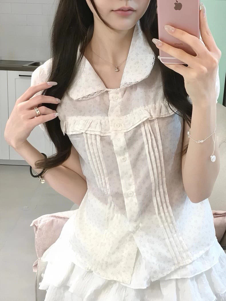 재고 있음 한 여성 꽃무늬 도트 무늬 레이스 소녀 여름 다용도 슬림해 보이는 프릴 반팔 셔츠 상세 이미지 19