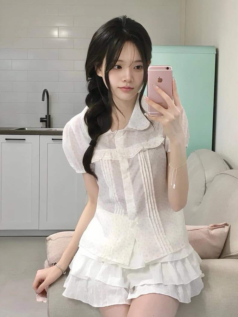 재고 있음 한 여성 꽃무늬 도트 무늬 레이스 소녀 여름 다용도 슬림해 보이는 프릴 반팔 셔츠 상세 이미지 20