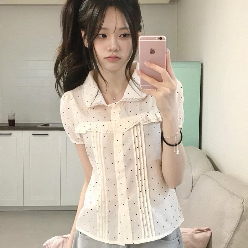 재고 있음 한 여성 꽃무늬 도트 무늬 레이스 소녀 여름 다용도 슬림해 보이는 프릴 반팔 셔츠 상세 이미지 21