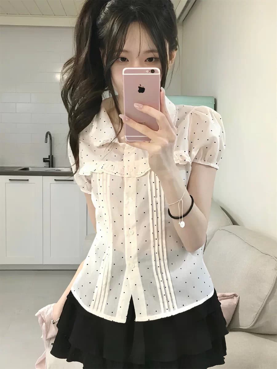 재고 있음 한 여성 꽃무늬 도트 무늬 레이스 소녀 여름 다용도 슬림해 보이는 프릴 반팔 셔츠 상세 이미지 22