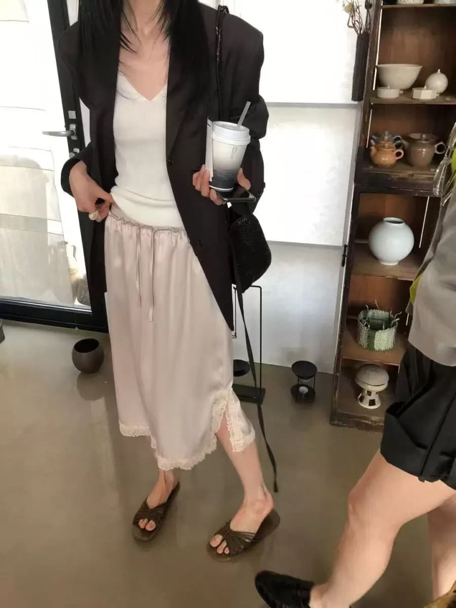 재고 있음 chic 봄 여름 새로운 품격 펌프 로프 레이스 새틴 반신 스커트 이미지 2