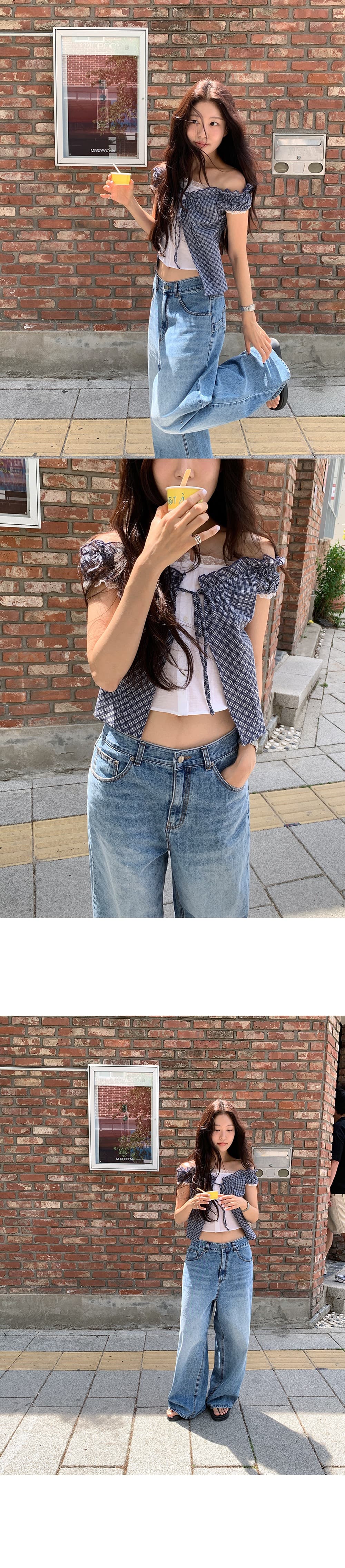 재고 있음 chic 한 부서 단색 행침 목 슬립 코디 펌프 Pleat 체크무늬 셔츠 오픈 가디건 상세 이미지 7