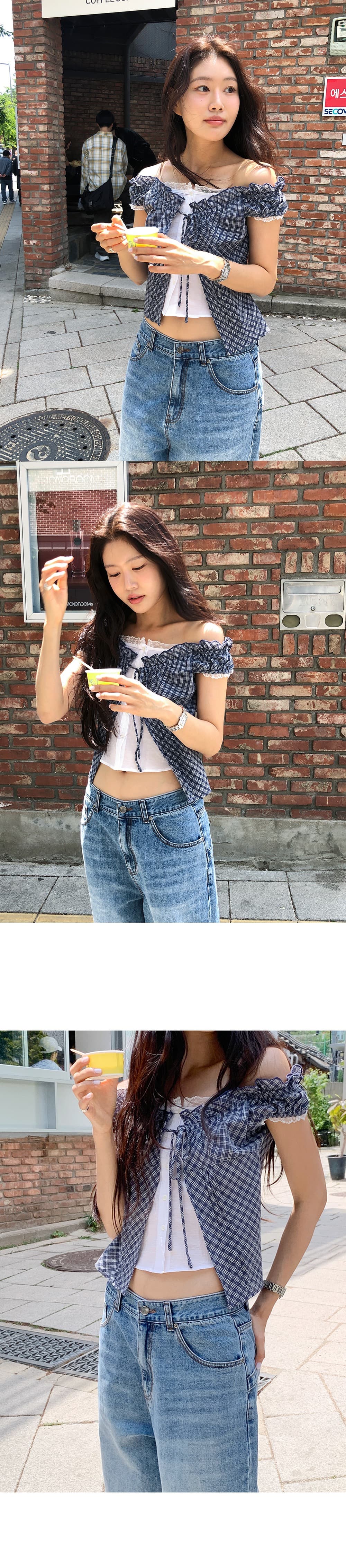 재고 있음 chic 한 부서 단색 행침 목 슬립 코디 펌프 Pleat 체크무늬 셔츠 오픈 가디건 상세 이미지 10