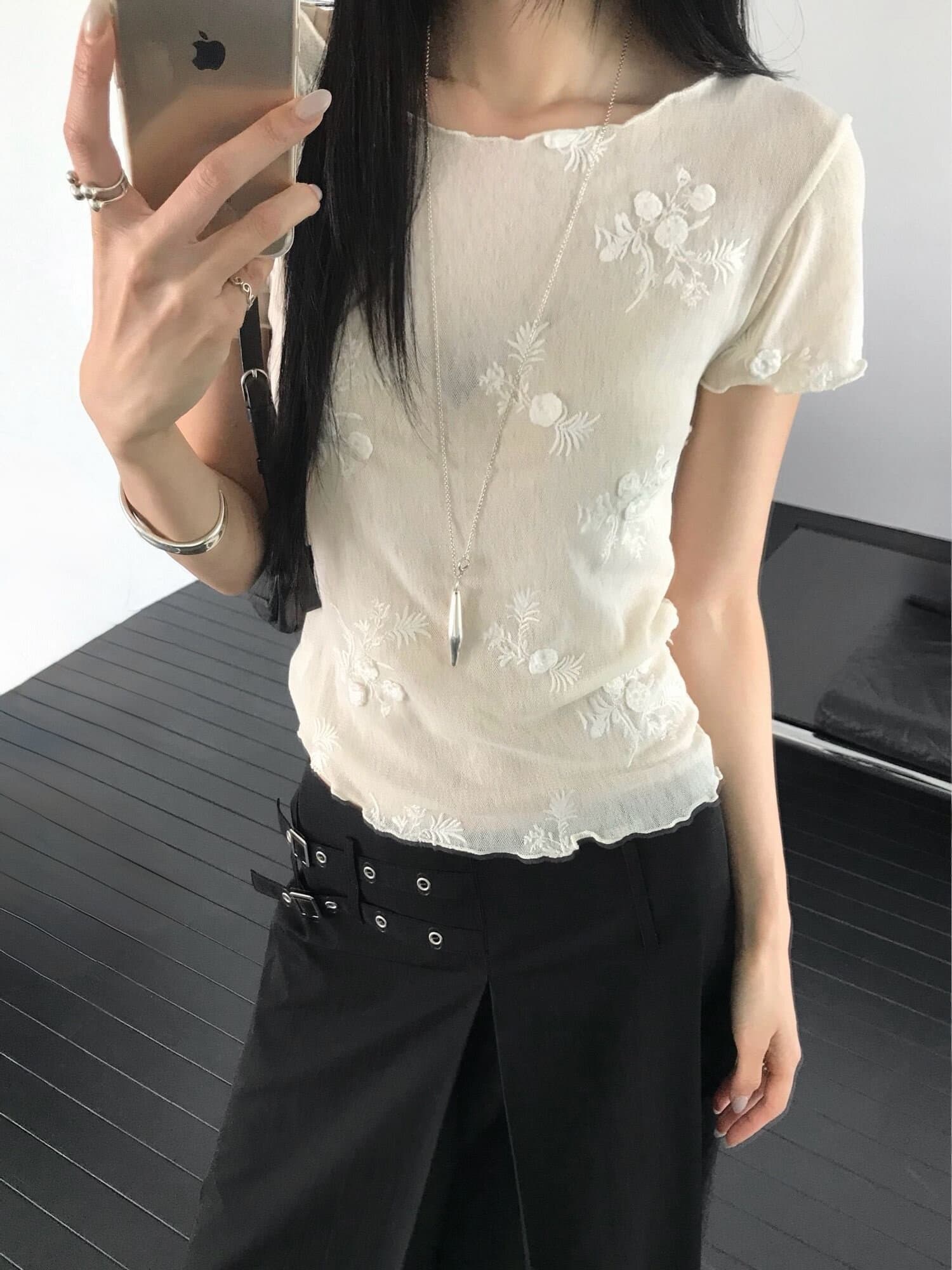 chic 한국 동대문 여름 드레스 새로운 리플 프릴 얇은 스타일 레이스 반팔 티셔츠 여성 상세 이미지 1