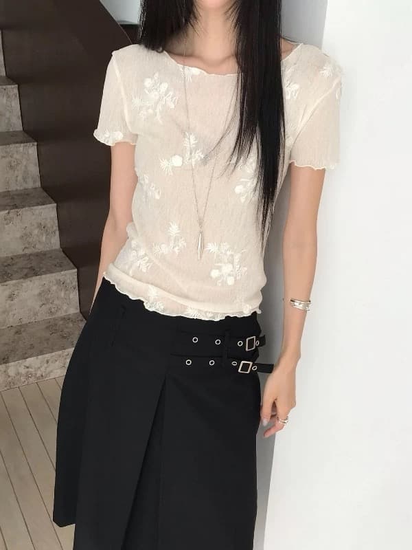 chic 한국 동대문 여름 드레스 새로운 리플 프릴 얇은 스타일 레이스 반팔 티셔츠 여성 상세 이미지 5