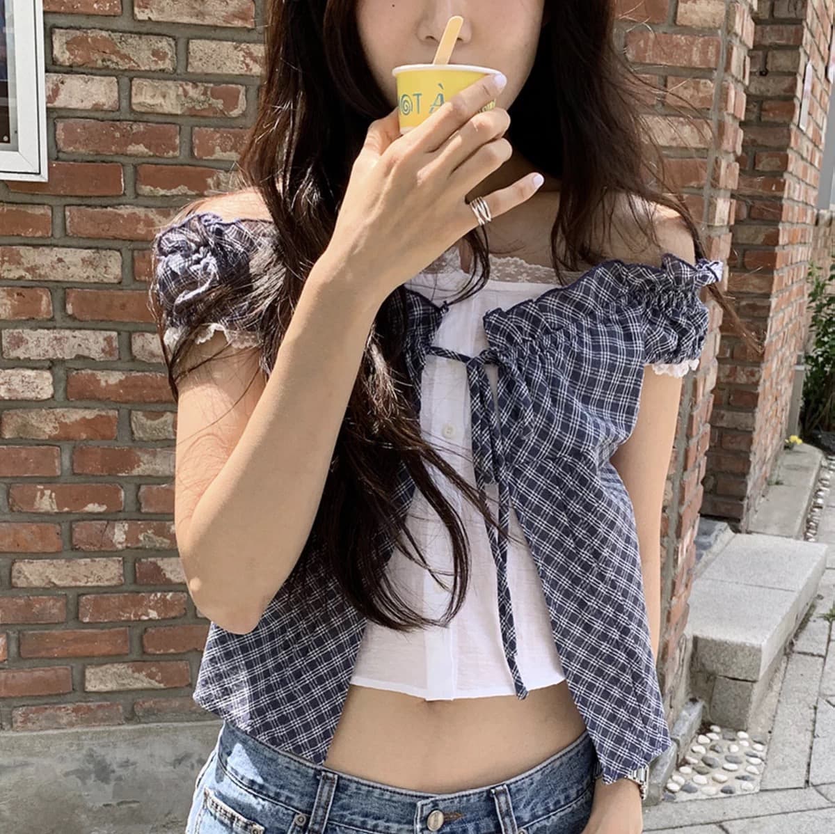 재고 있음 chic 한 부서 단색 행침 목 슬립 코디 펌프 Pleat 체크무늬 셔츠 오픈 가디건
