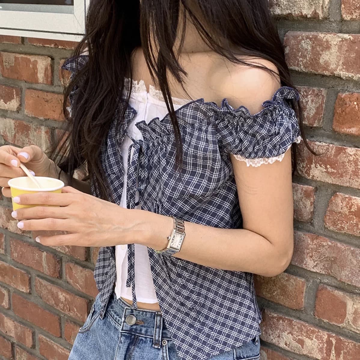 재고 있음 chic 한 부서 단색 행침 목 슬립 코디 펌프 Pleat 체크무늬 셔츠 오픈 가디건 이미지 3