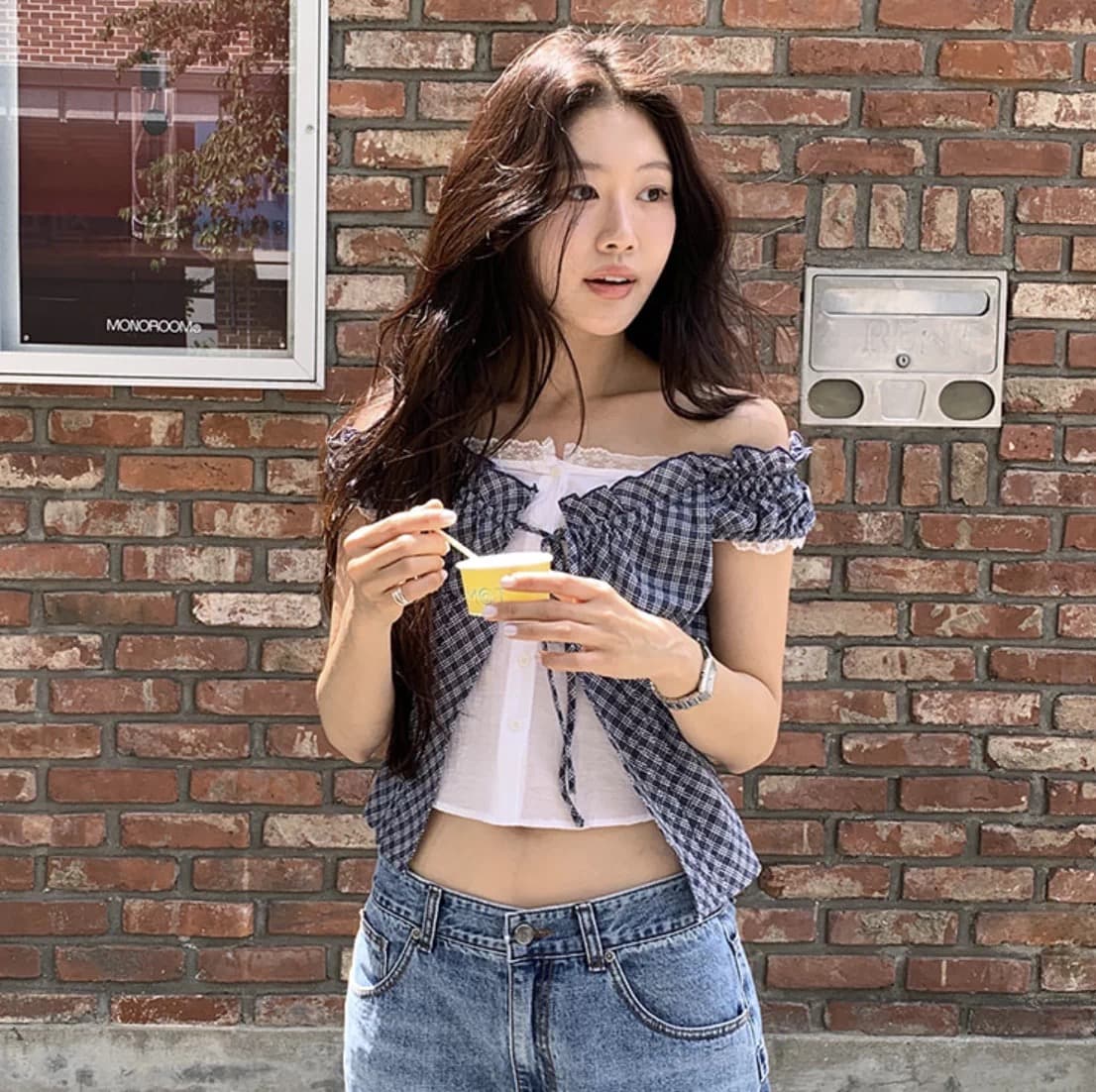 재고 있음 chic 한 부서 단색 행침 목 슬립 코디 펌프 Pleat 체크무늬 셔츠 오픈 가디건 이미지 4