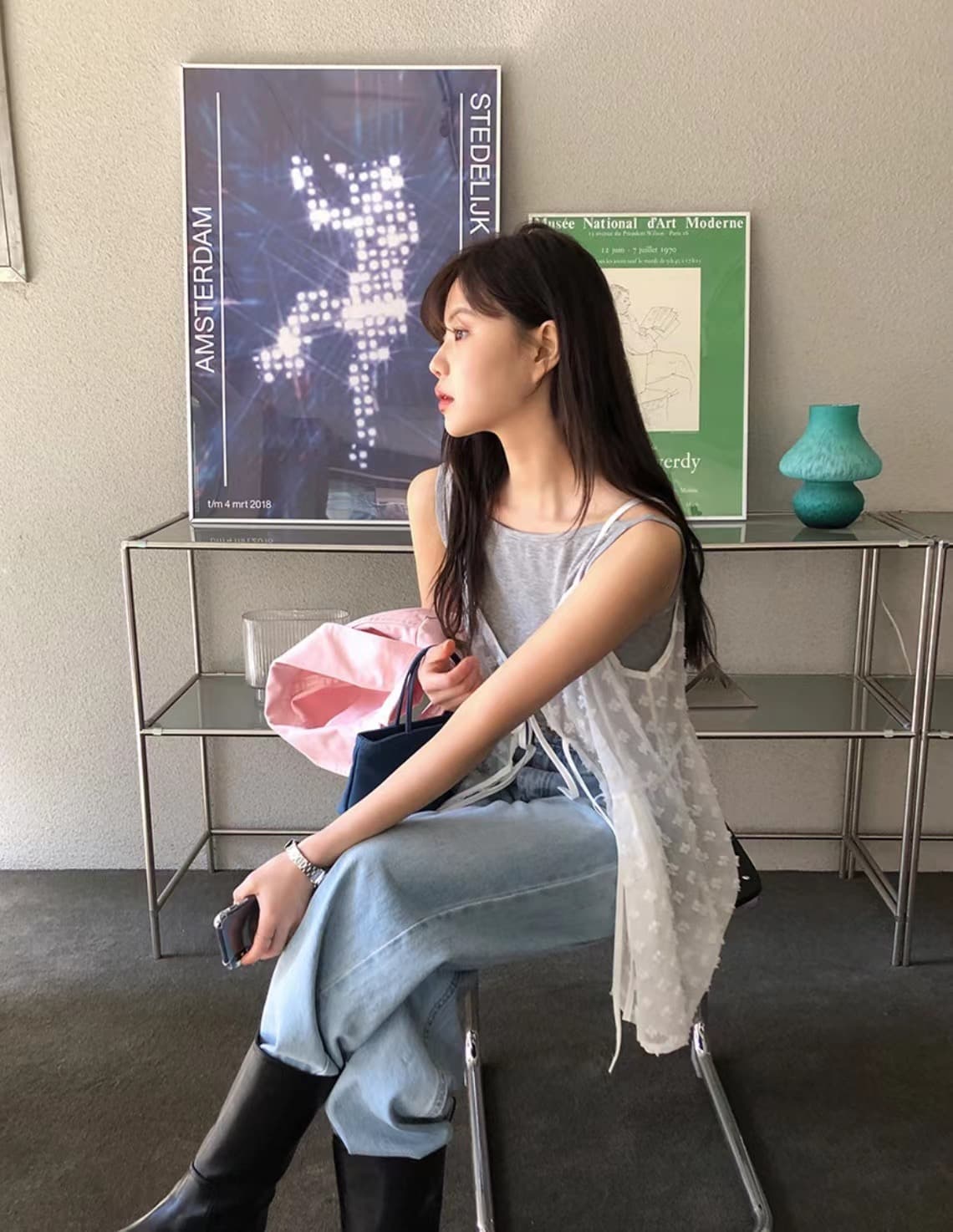 재고 있음 한국 스타일 여름 ins 작은 대중 디자인 개성 단색 작은 꽃 스택 착용 망사 레이스업 슬립 상세 이미지 5