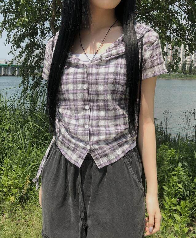 chic 여름 다용도 체크무늬 측면 펌프 로프 후드 반팔 체크무늬 후드 셔츠