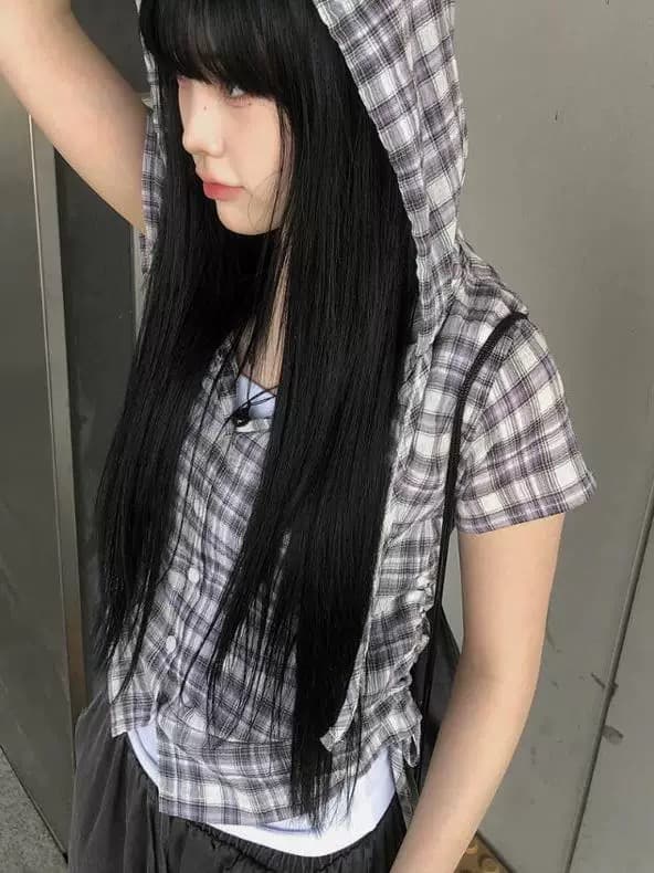 chic 여름 다용도 체크무늬 측면 펌프 로프 후드 반팔 체크무늬 후드 셔츠 상세 이미지 2