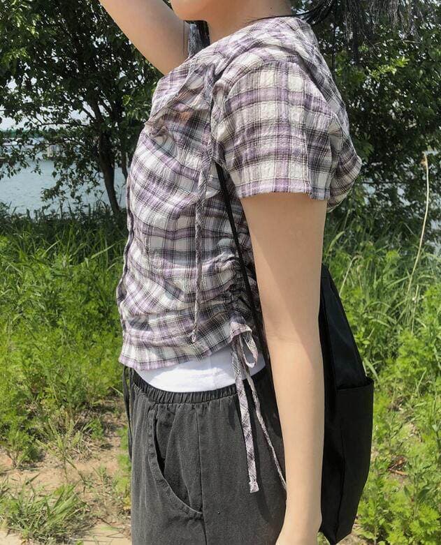 chic 여름 다용도 체크무늬 측면 펌프 로프 후드 반팔 체크무늬 후드 셔츠 상세 이미지 7