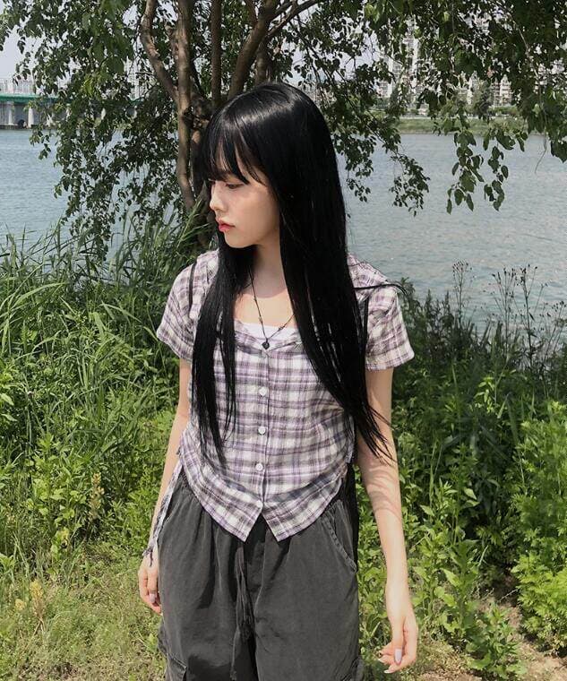 chic 여름 다용도 체크무늬 측면 펌프 로프 후드 반팔 체크무늬 후드 셔츠 상세 이미지 9