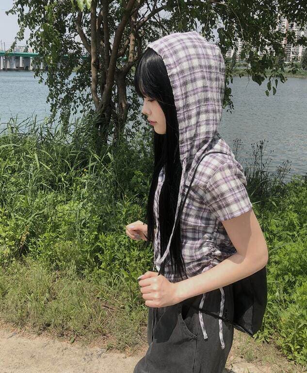chic 여름 다용도 체크무늬 측면 펌프 로프 후드 반팔 체크무늬 후드 셔츠 상세 이미지 10