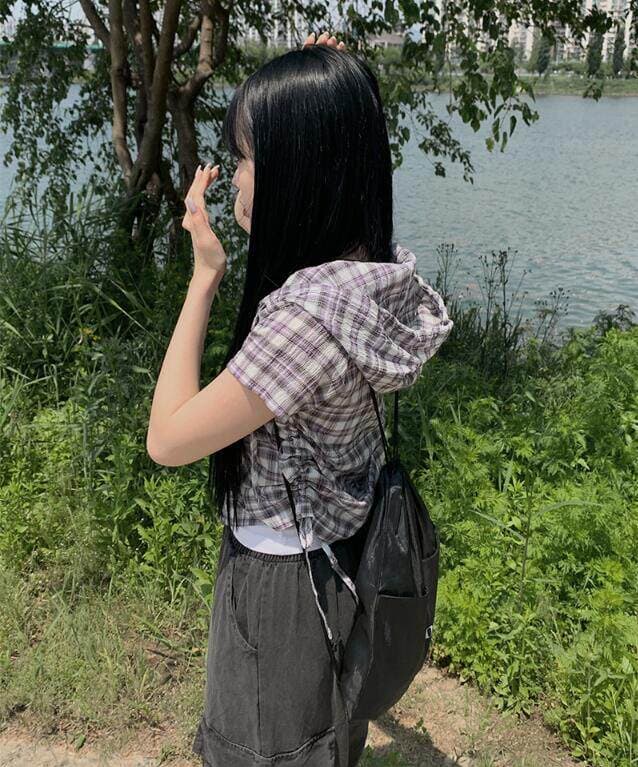 chic 여름 다용도 체크무늬 측면 펌프 로프 후드 반팔 체크무늬 후드 셔츠 상세 이미지 11