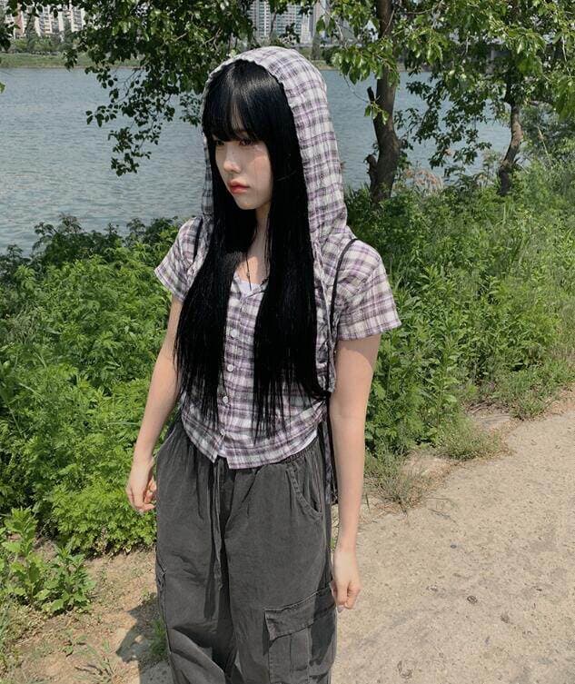 chic 여름 다용도 체크무늬 측면 펌프 로프 후드 반팔 체크무늬 후드 셔츠 상세 이미지 12