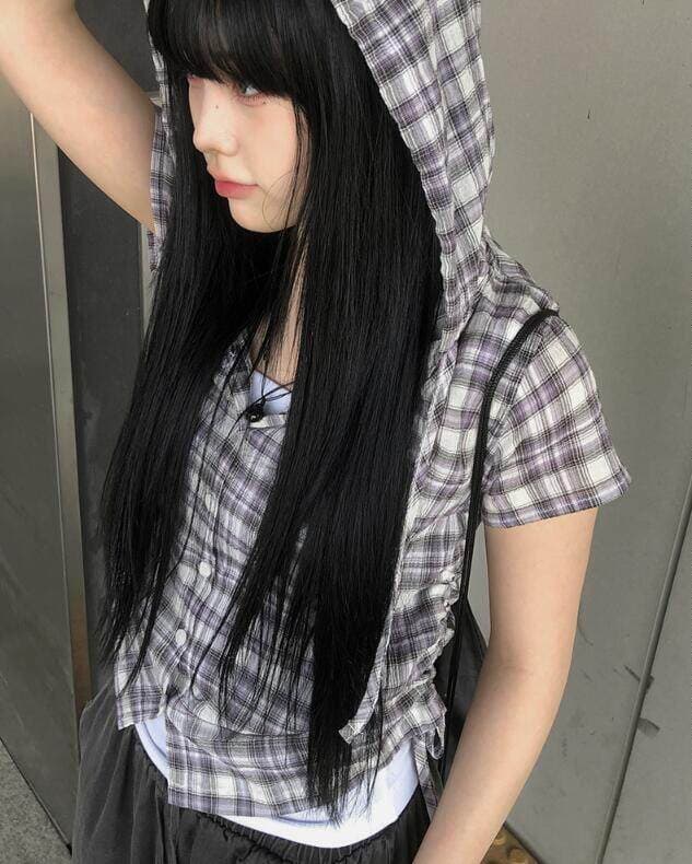 chic 여름 다용도 체크무늬 측면 펌프 로프 후드 반팔 체크무늬 후드 셔츠 상세 이미지 14